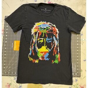 WRLDINVSN Abstract Jesus Graphic T-Shirt Mens Small Black Streetwear Tee